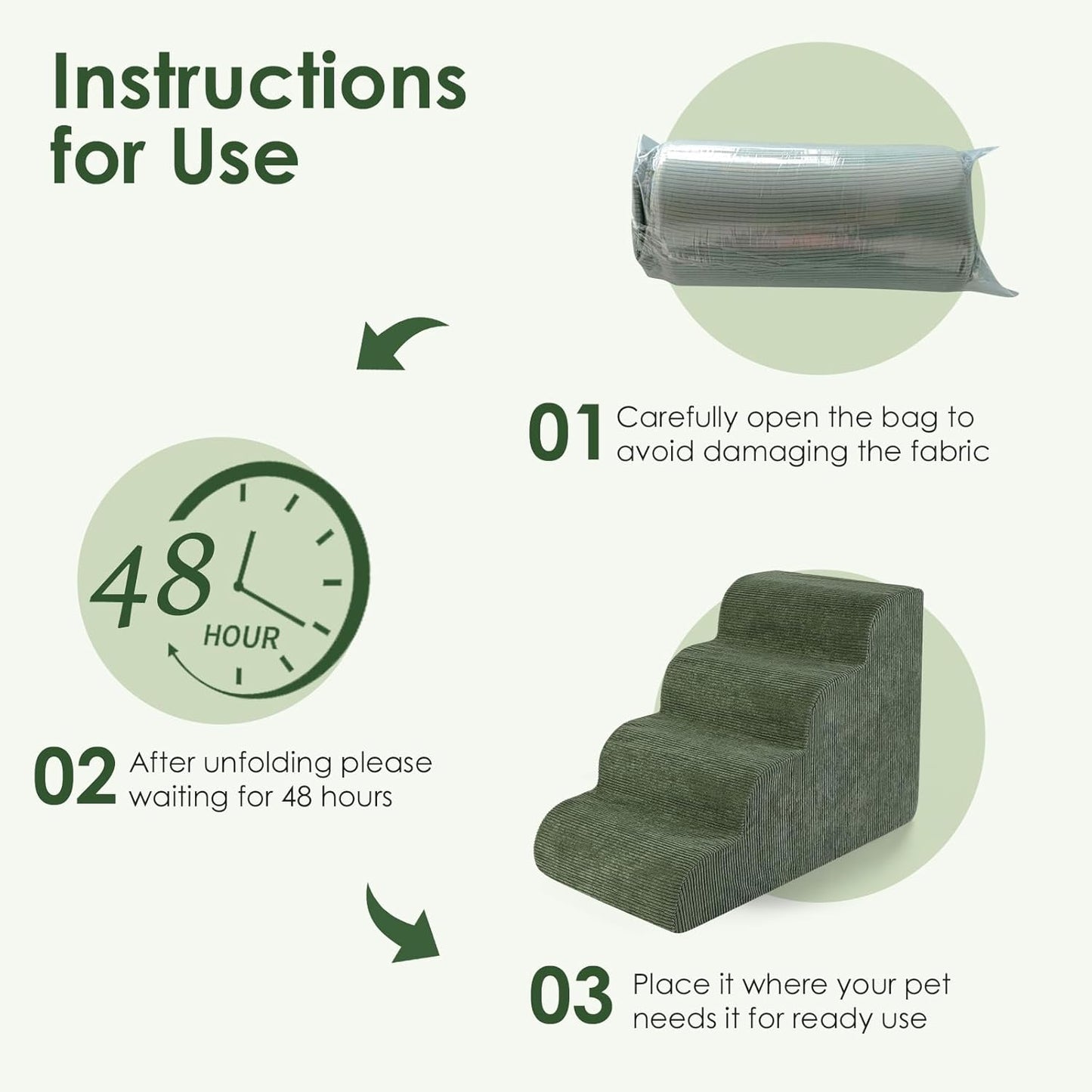 Dog Stairs for Bed 15" H, 3-Step Dog Ramp for Aged and Injured Dogs, Up to 50 Lbs Foam Pet Stairs for Small Dogs and Cats to Get on Couch or Chair, Non-Slip, Steady, Washable Cover, Green