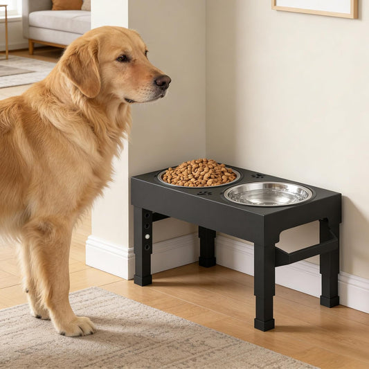 Elevated Dog Bowls Stand Large Breed, Height Adjustable Raised Dog Bowls Holder with 2 Stainless Steel Food Bowls for Small, Medium and Large Canine,Black