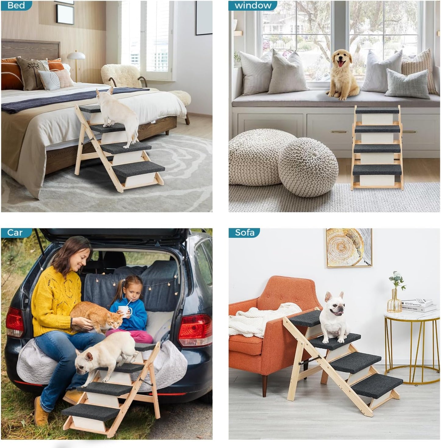 MEWANG Wood Pet Stairs & Ramp for Small/Medium Dogs and Cats, Aging Pets – 2-in-1 Foldable, Portable, Non-Slip Pet Ladder for Tall Beds, Couches,Cars–Holds Up to 220 lbs (17.3" L x 17.2" W x 13.0" H)