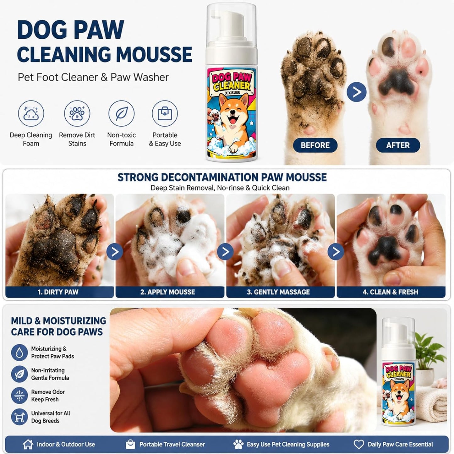 Dog Paw Cleaner with Scrubber Brush - 5 fl oz Waterless Cleaning Foam for Dirty & Muddy Paws, No-Rinse Formula for Dogs & Cats, Quick-Dry Alternative to Wipes for Puppies & Kittens