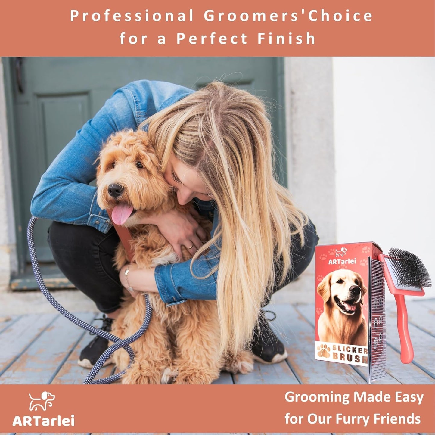 2-in-1 Dog Slicker Brush & Comb for Golden Retriever & Doodle - Easy Detangling & Deshedding, Tailored for Matted Coats of Long Curly Haired Doodle Mixes - Effortless Tangle-Free Grooming