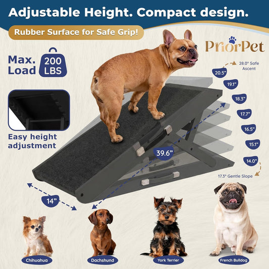 Dog Ramp for Couch โ Non-Slip, Sturdy Build Foldable Wooden Dog Ramp โ Supports up to 200 lbs โ 7 Adjustable Heights (14"โ20.5") โ Enhanced Stability โ Birchwood Pet Ramp for Small Dogs โ Gray