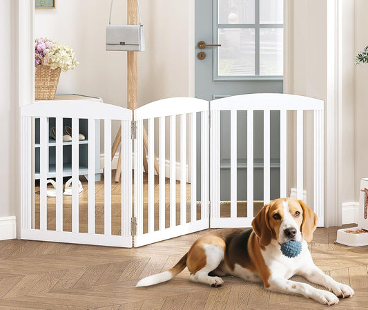 SPIRICH 96" Extra Wide 28" Tall Wooden Freestanding Foldable Dog Gate, Pet Gate Indoor, 4 Panels, White