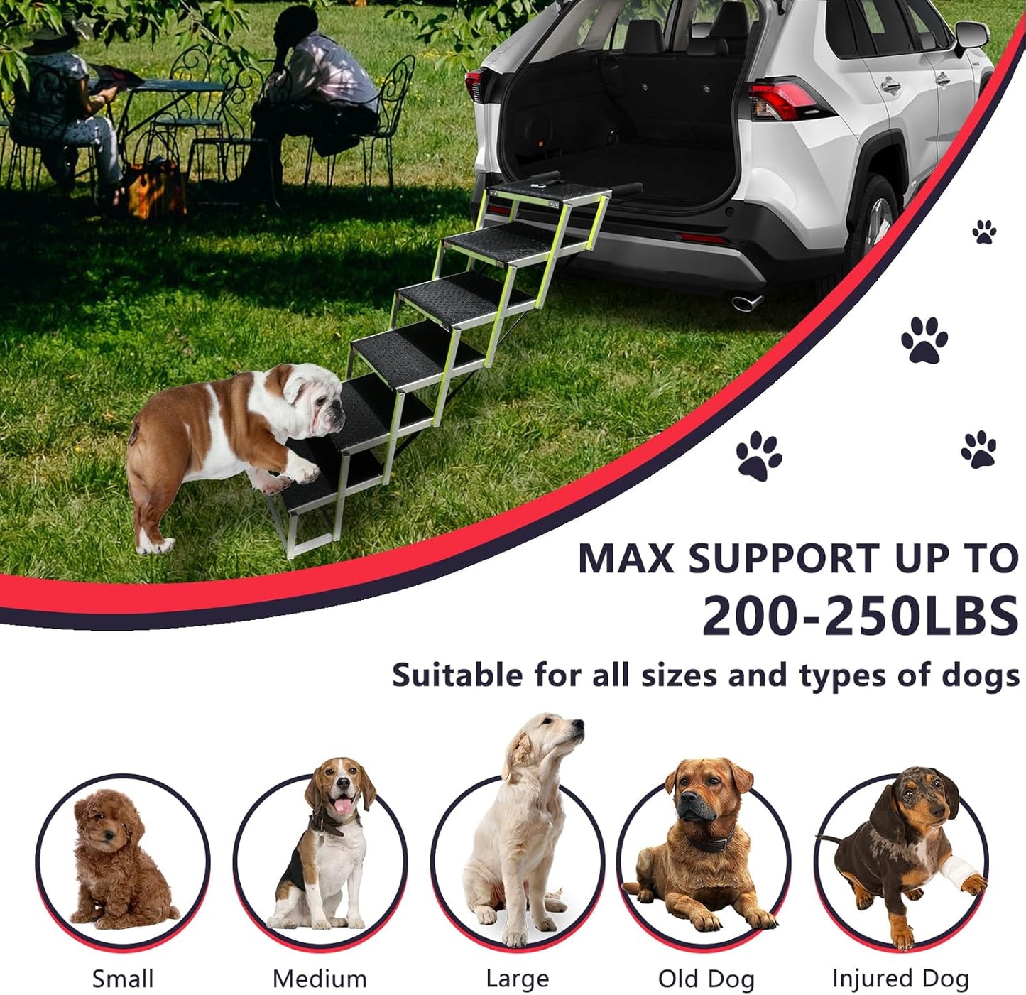 PENSUN Dog Stairs with Nonslip Surface Portable Folding Pet Ramp for Car, SUV and Trucks Foldable Truck Ramp Stairs for Small to Large Size Dogs Up to 250LBS