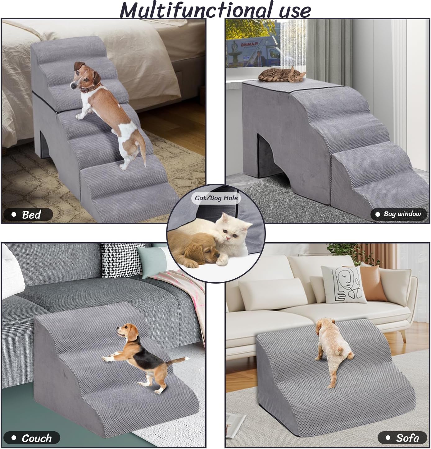 Dog Stairs for High Beds 30-36 inches Tall, 6-Step Dog Steps for Bed 32-36 inches for Small Large Dogs, Doggie Ramp for Bed, 30D Foam Pet Stairs for Old Dogs/Cats, Free-Installation, Grey