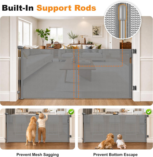 Reinforced 70” Wide Retractable Pet Gate Indoor Dog Gates Outdoor Retractable Baby Gate with Support Rod to Prevent Bottom Escape 33” Tall Child Safety Gates for Stairs Doorway Hallway Deck