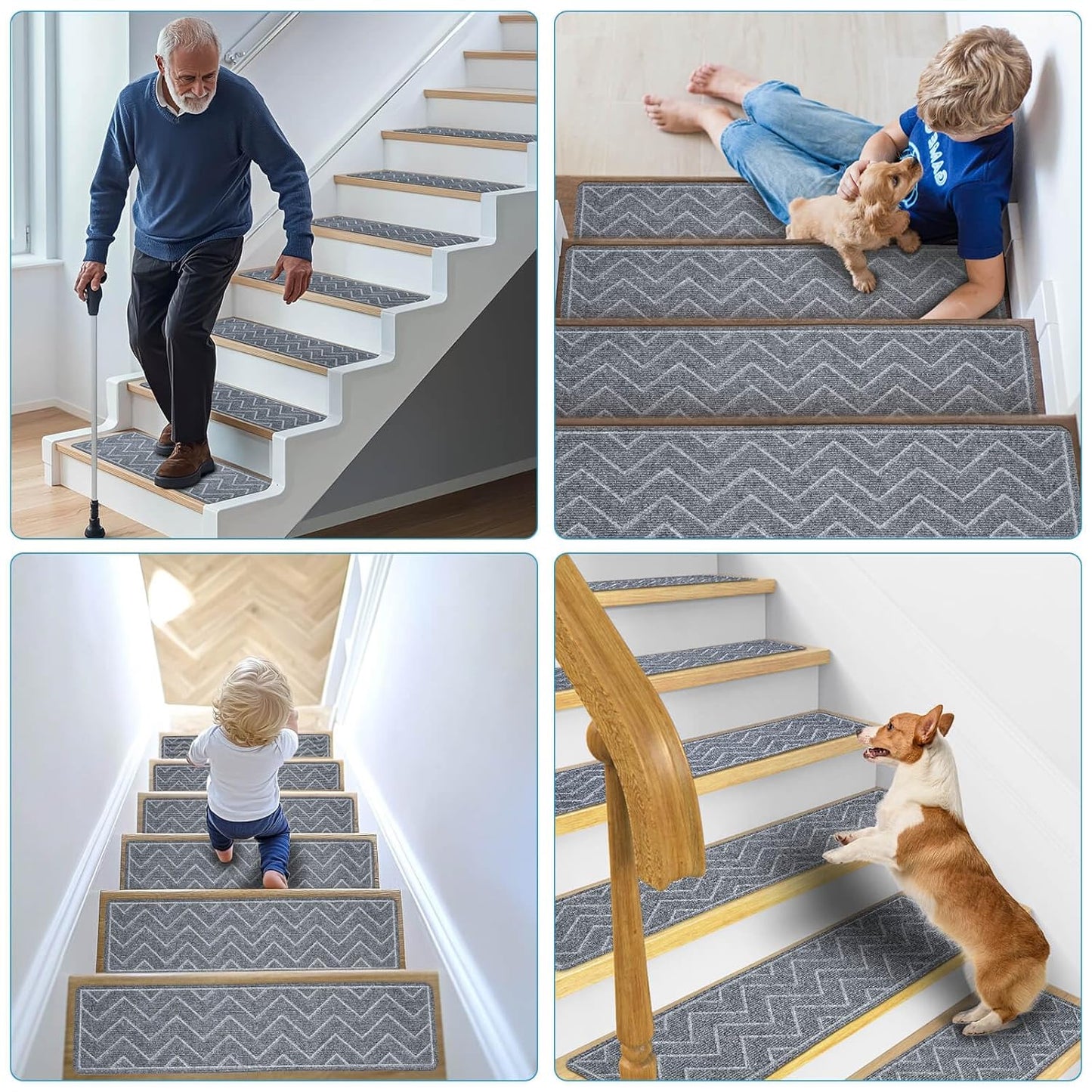 DK177 Stair Treads for Wooden Steps, 15 Pack 8"x30" Non-Slip Indoor Carpet Stair Treads with Reusable Polyester TPE Backing for Kids Elders and Pets (Dark Gray, 15PCS)