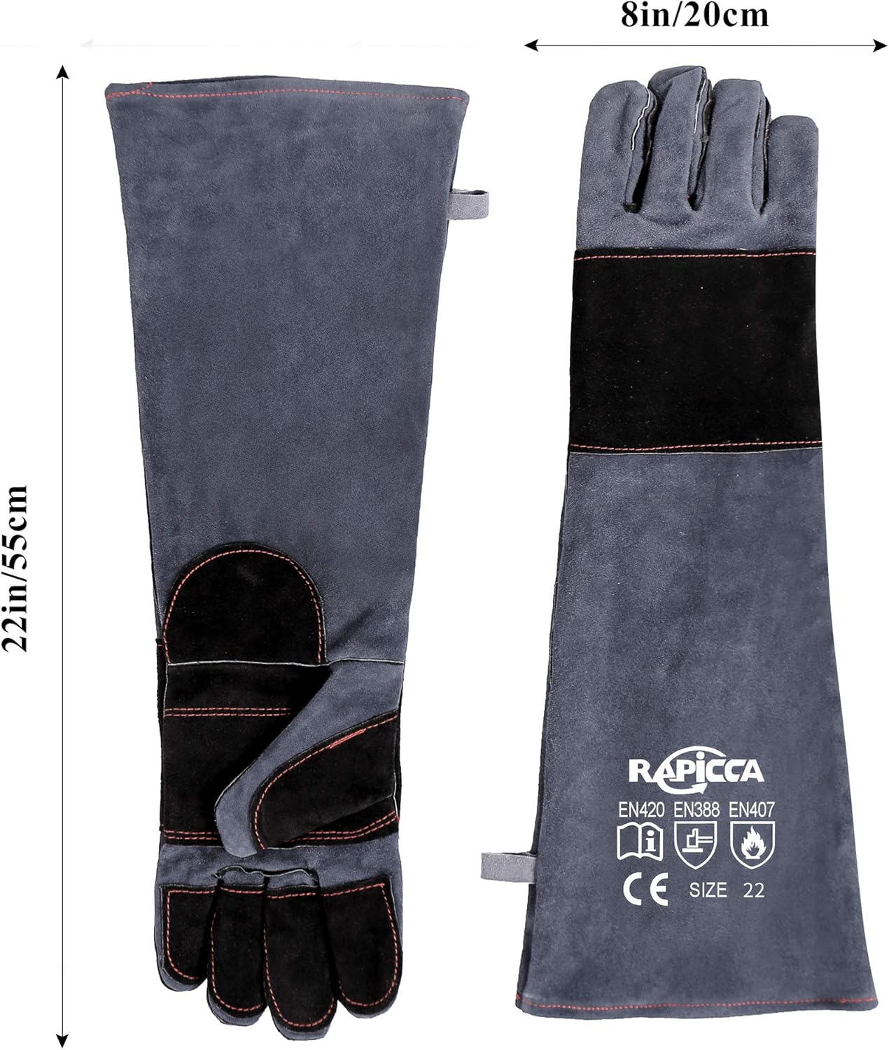 RAPICCA Animal Handling Gloves Bite Proof Double Leather Reinforced Padding Dog,Cat Scratch,Bird Handling Falconry Gloves Grabbing Reptile Squirrel Snake Bite 16in Grey-Black