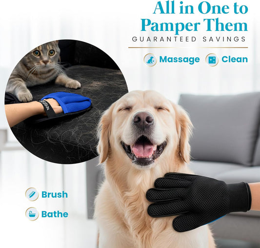 Cat Grooming Gloves for Shedding – Pet Hair Remover Set with Self-Cleaning Mitt – 2 Deshedding Gloves + 1 Reusable Cleaning Mitt for Cats & Dogs – Long & Short Hair Deshedder
