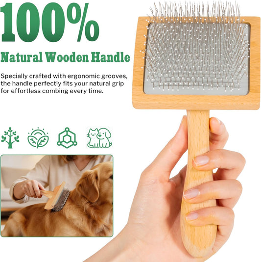 Slicker Brush for Long-Haired Dogs & Cats, Professional Dog Grooming Brush for (Goldendoodles, Poodles, Labradoodles), Large Pets Pin Tips Brushes with Natural Beech Wood Ergonomic Handle