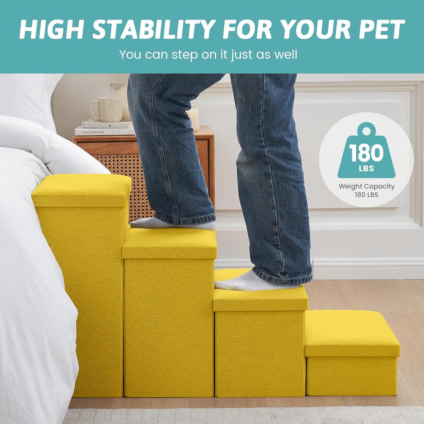 Dog Stairs with Storage, 4-Step Wider Sturdy Dog Steps for Small/Medium/Large Dogs and Older Cats, Folding Doggie Ramp for Bed/Couch/Car Hold Up to 180 lbs (22" H, Brown)