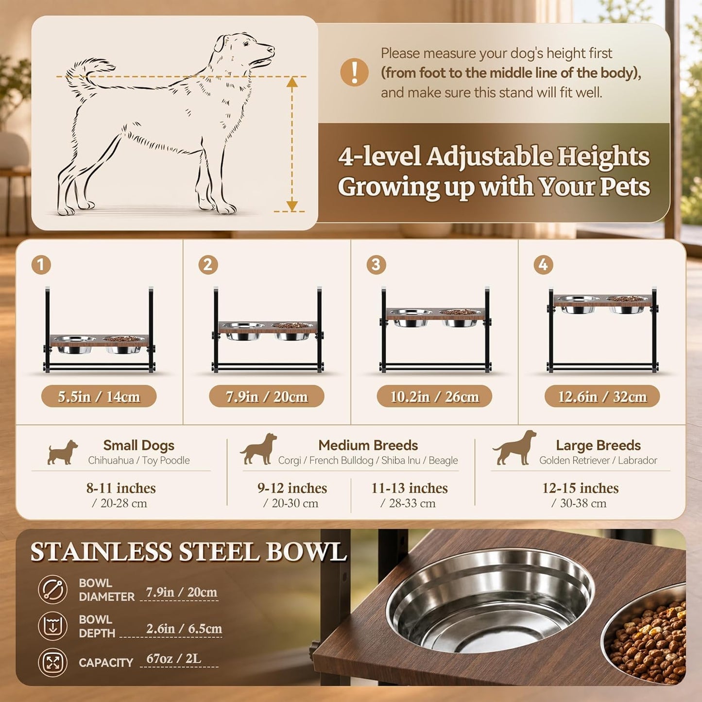 CZPET Elevated Dog Bowls Mess Proof with Splash Guard 4 Heights Adjustable Raised Stand with 2L (67 oz) Stainless Steel Bowls, Lifted Food Water Feeder for Small, Medium & Large Dogs