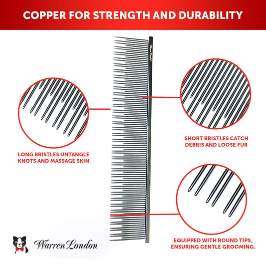 Warren London Cool Cat Greyhound Style Comb – 7.5" Professional Copper Cat Grooming Comb with Fine & Coarse Teeth, Rounded Pins for Detangling/Sensitive Skin, Deshedding & Dematting