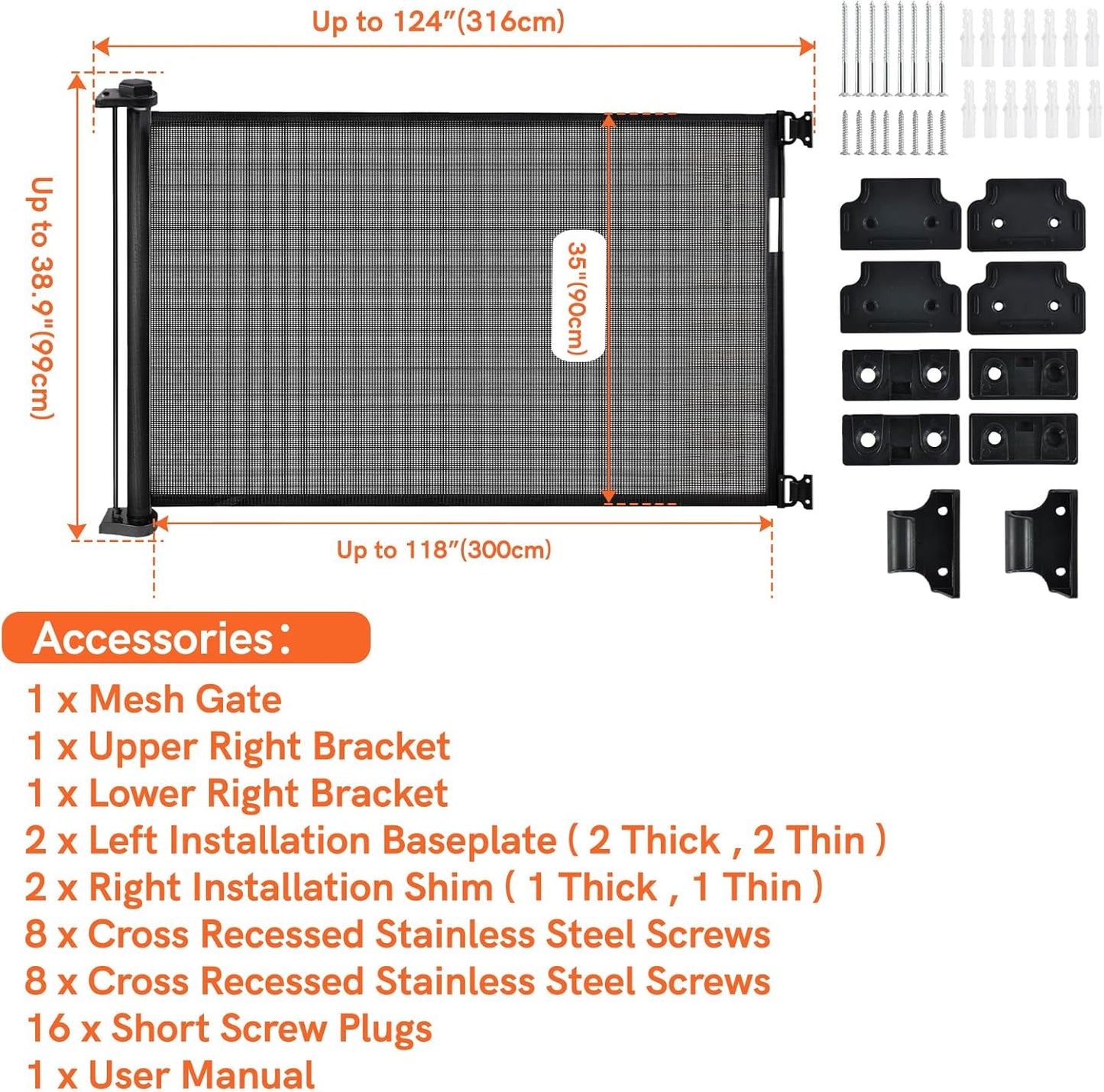 Extra-Wide Retractable Baby & Pet Gate - 39" Tall, Extends up to 118" Wide, Easy One-Hand Operation, Family Choice Award Winner, Safe for Kids & Pets, Indoor & Outdoor, Black (39 x 118 inch)