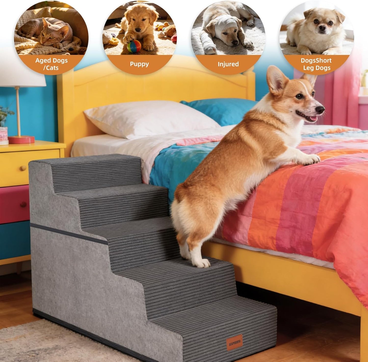 Dog Stairs for Small Dogs, 13.5" H, 3-Step Pet Steps for Couch Sofa and Chair, Non-Slip Balanced Pet Ramp for Medium Cats,Indoor Dog Ladder, Grey