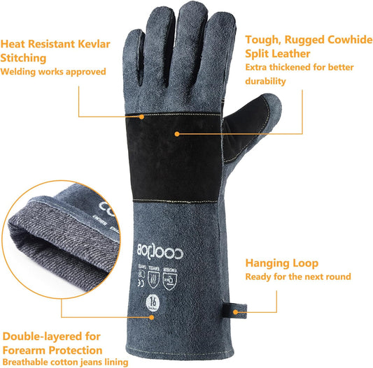 COOLJOB Bite Proof Animal Handling Gloves, Cowhide Leather with Kevlar Stitching for Cat Grooming, Dog Training, 16/22”