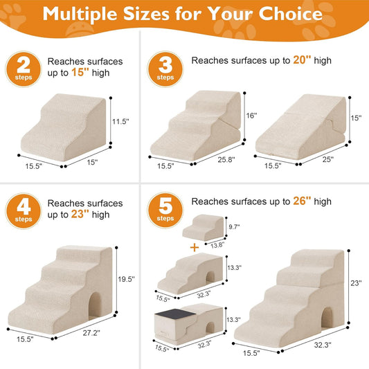 Dog Stairs for Bed 23’’ H, 5-Step Dog Steps for High Bed, Foldable Pet Stairs for Small Dogs and Cats to Get on Beds, Couch, Non-Slip Balanced Pet Steps and Ramp with Waterproof Cover, Grey