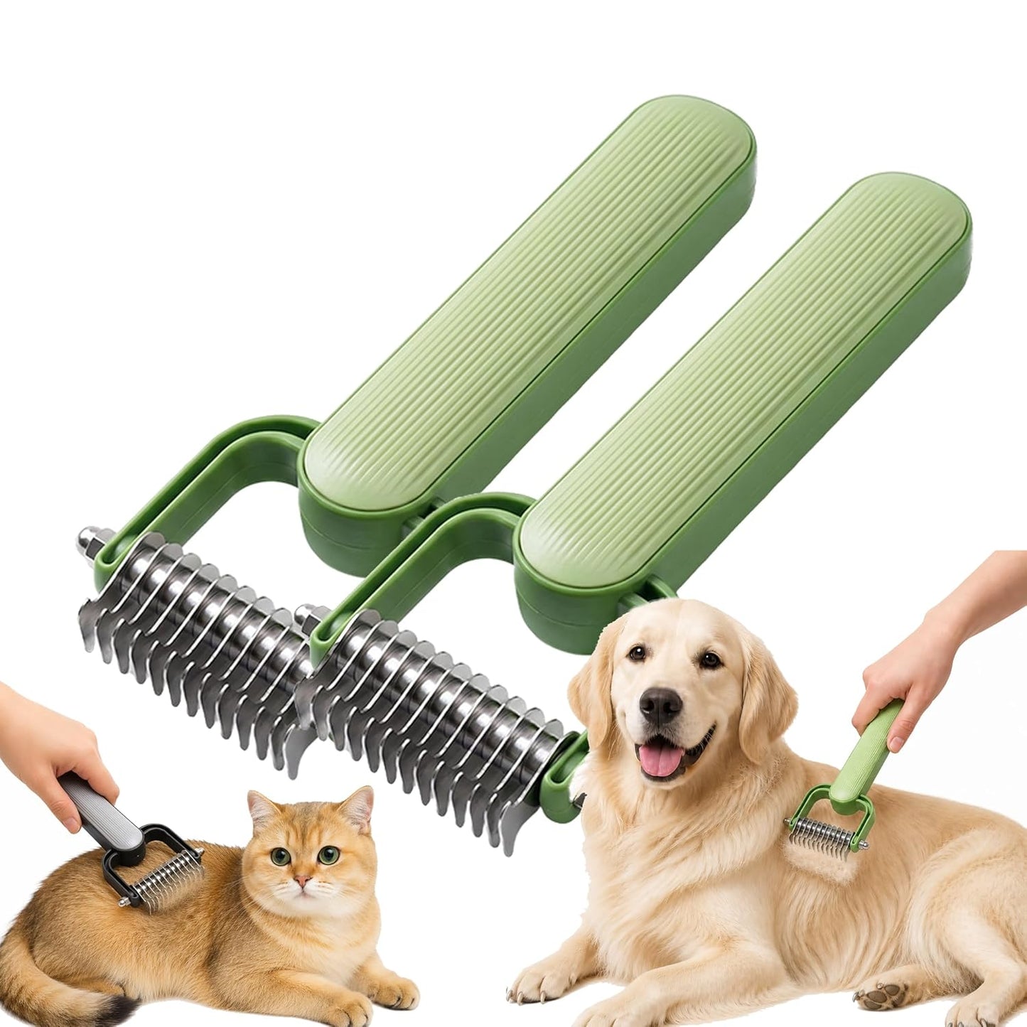 Double Sided Dematting Comb for Dogs and Cats – Undercoat Rake Pet Grooming Tool for Shedding, Tangles & Matted Fur, Stainless Steel Deshedding Brush for Long Haired & Thick Coat Pets (Green & Gray)