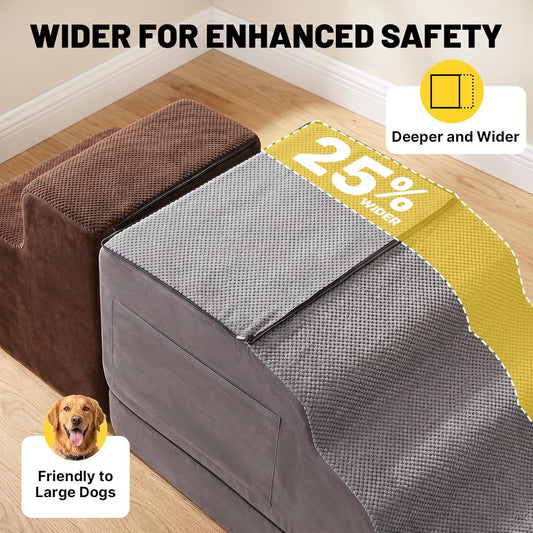 Large Dog Stairs – Extra Large Dog Steps for Bed, Couch & Car, 6-Step Pet Steps for Puppies & Senior Dogs, Pet Stairs with Washable Cover, Side Pockets, Non-Slip Bottom, 43.3" L x 19.7" W Grey