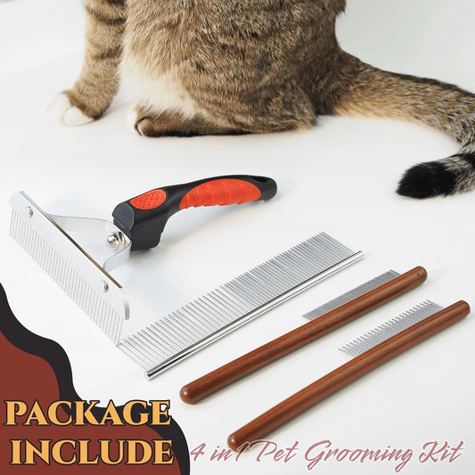 Rake Brush for Dogs, 4-Pack Long-Tooth Undercoat Brush Set, Grooming Rake & Steel Shedding Comb & Double-Sided Teech Comb & for Double Coat German Shepherds Horses