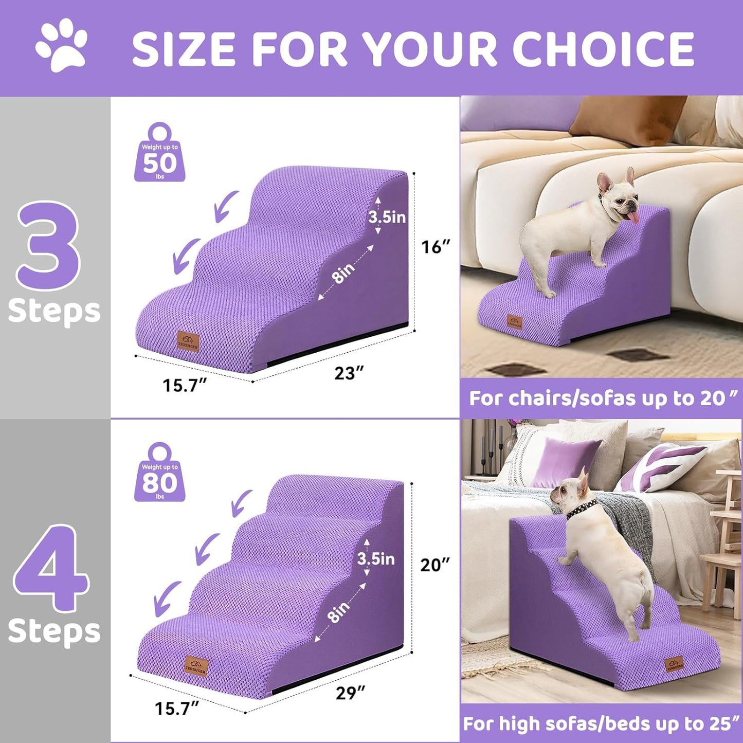 Zerbuger Dog Ramp and Stair for Bed 16" H-20 H,3-Step Cat Stair for Sofa and Chair,4-Step Dog Ramp for High Bed and Window,Durable Nonslip Fabric Cover for Indoor (Purple-20 H, Pet Friendly, 4)