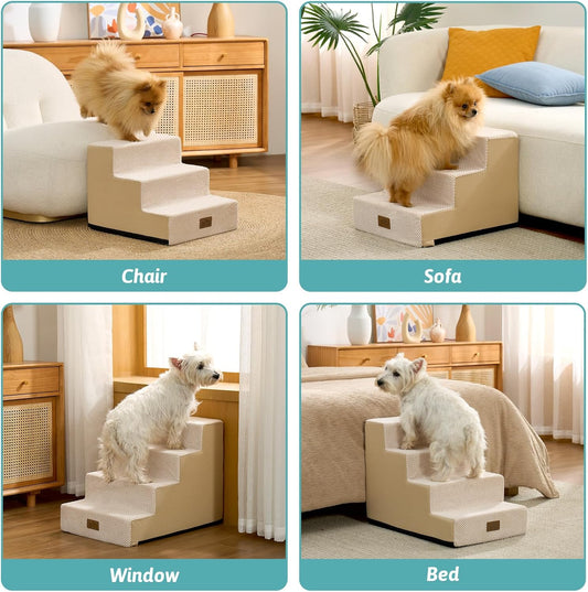 COZY KISS Dog Stairs for Small Dogs, 4 Tier Wider Pet Stairs for Couch and Beds, 17.7" H Non-Slip Dog Steps for Old Cats, Puppy, Small Medium Dogs, 17.7x23.6x17.7 inch, Beige