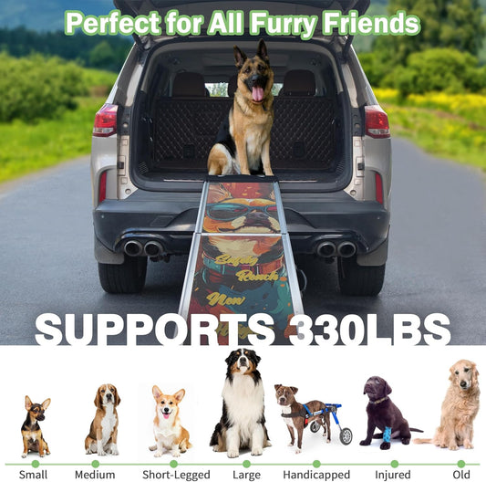 COZIWOW Telescoping Dog Car Ramp for Large Dogs - Heavy-Duty Aluminum Pet Ramp with High-Traction Surface, Anti-Slip Steps for Cars/Trucks/SUVs,Adjustable Sizing,330LB Load Capacity (63.5" L)