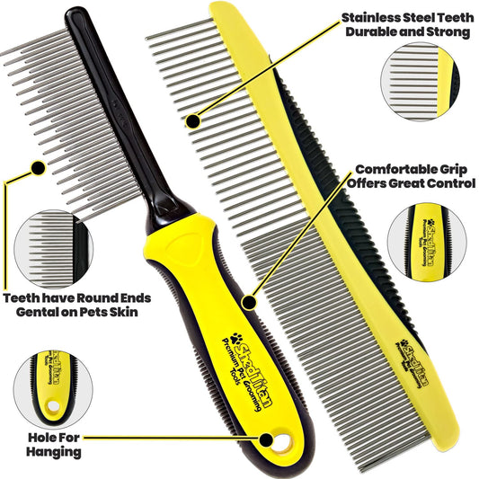Metal Dog Comb for Matted Hair & Detangler Combs Set - Remove Tangles & Matted Fur - Easy Safe Cat & Dog Combs for Grooming Doodles