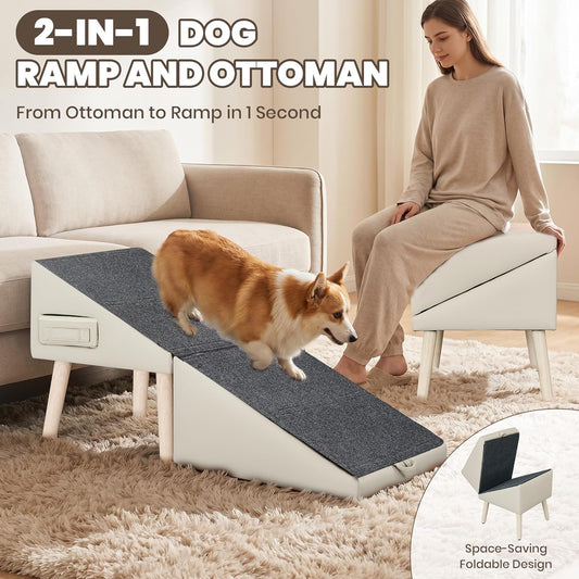 Dog Ramp for Couch and Bed, 17" H Stairs for Small to Medium Dogs and Cats Foldable Steps for Pets to Get on High Bed, Non-Slip Sturdy Ottoman Ramp with Storage Drawer, Brown