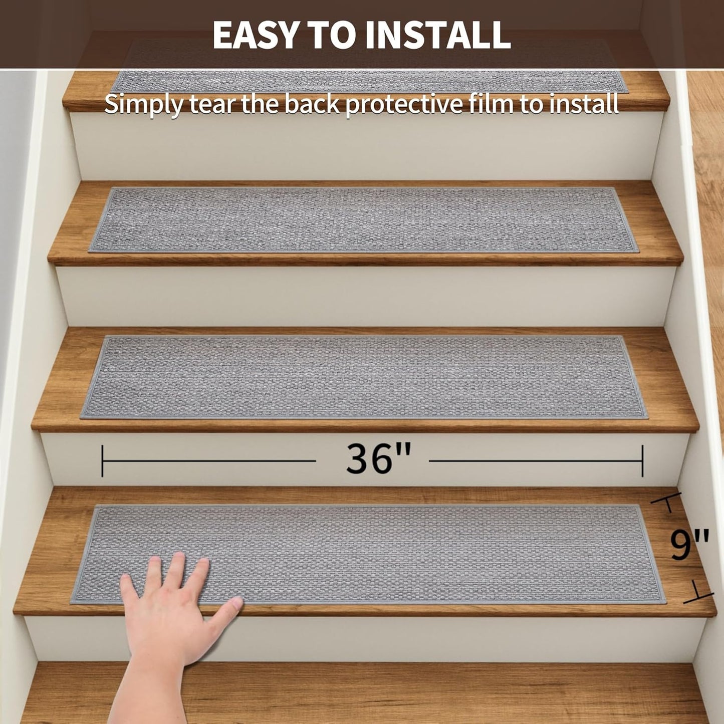 GROWLING Linen Stair Treads for Wooden Steps Indoor 30x8 inch, 15pcs Upgraded Self Adhesive Backing Non Slip Stair Carpets, Peel and Stick Stair Runner Rugs, Reusable Staircase Step Treads(Brown)