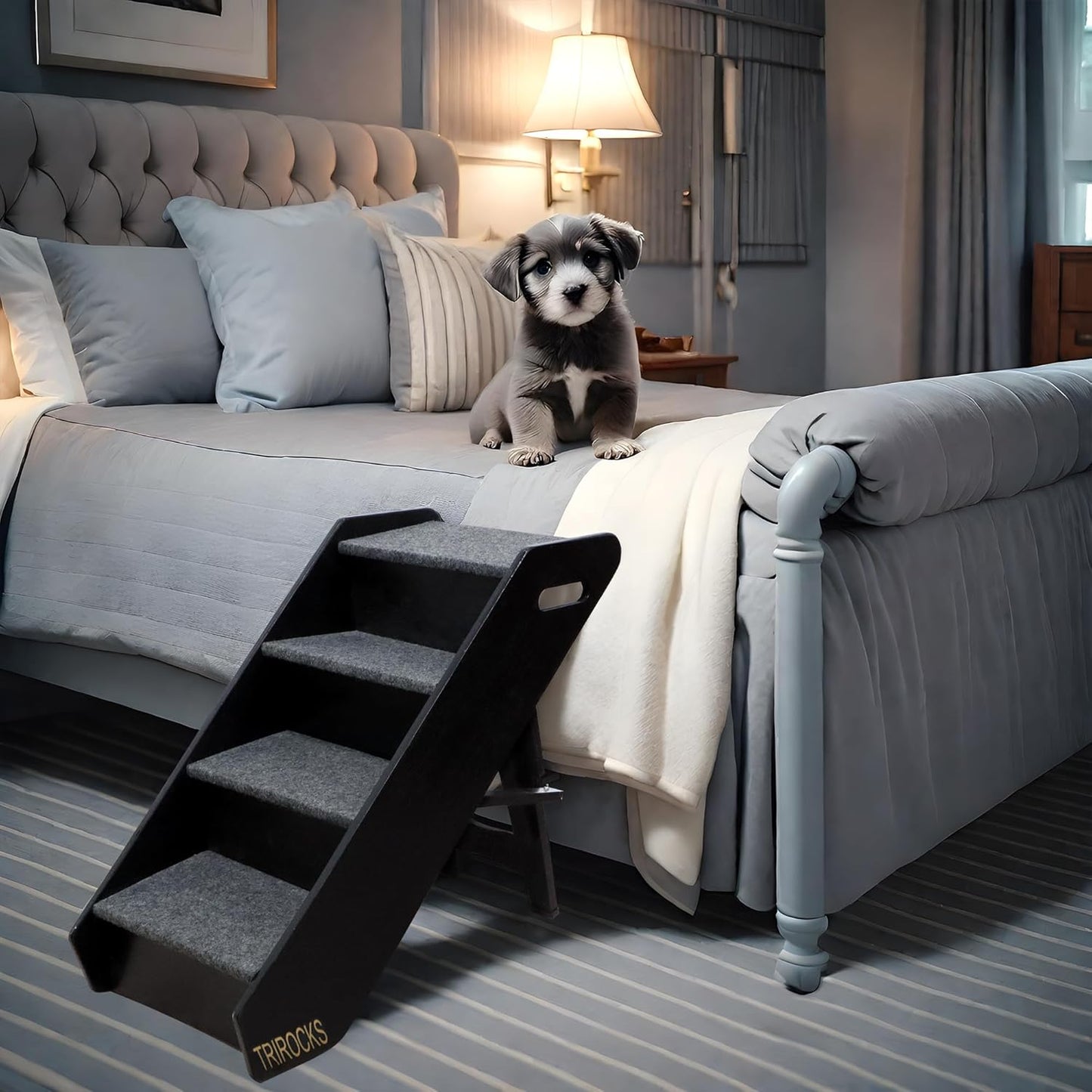 TRIROCKS Wood Pet Stairs Non-Slip Pet Steps - Foldable 4 Levels Dog Stairs & Ramp Perfect for Beds and Cars - Portable Dog/Cat Ladder Up to 130 Pounds