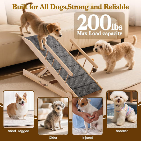 47" Long Non-Slip Portable Pet Ramp for Small Large Dogs, Dog Ramp for Bed, Wooden Adjustable Dog Ramps for Bed, Couch, Height from 12" to 24", Up to 200LBS
