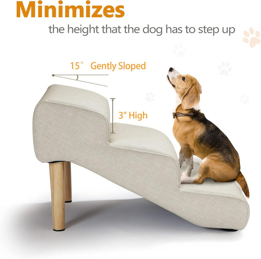 Senneny Imitation Linen Faux Leather Dog Stairs, for Pets up to 150 lbs, Waterproof, Scratch Resistant Pet Steps/Stairs with High Density Foam and Detachable Wooden Legs, Light Beige Linen, 4 Step