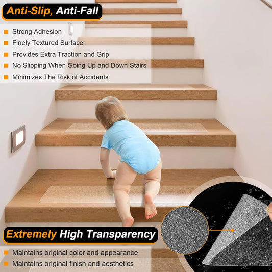 SMILOOL Clear Non-Slip Treads for Wooden Steps Indoor 15 Pack 4" x 24" Pre-Cut Anti-Slip Strips, Transparent Grip Tape for Wood Stairs, Waterproof Step Grips for Dogs, Kids and Pets