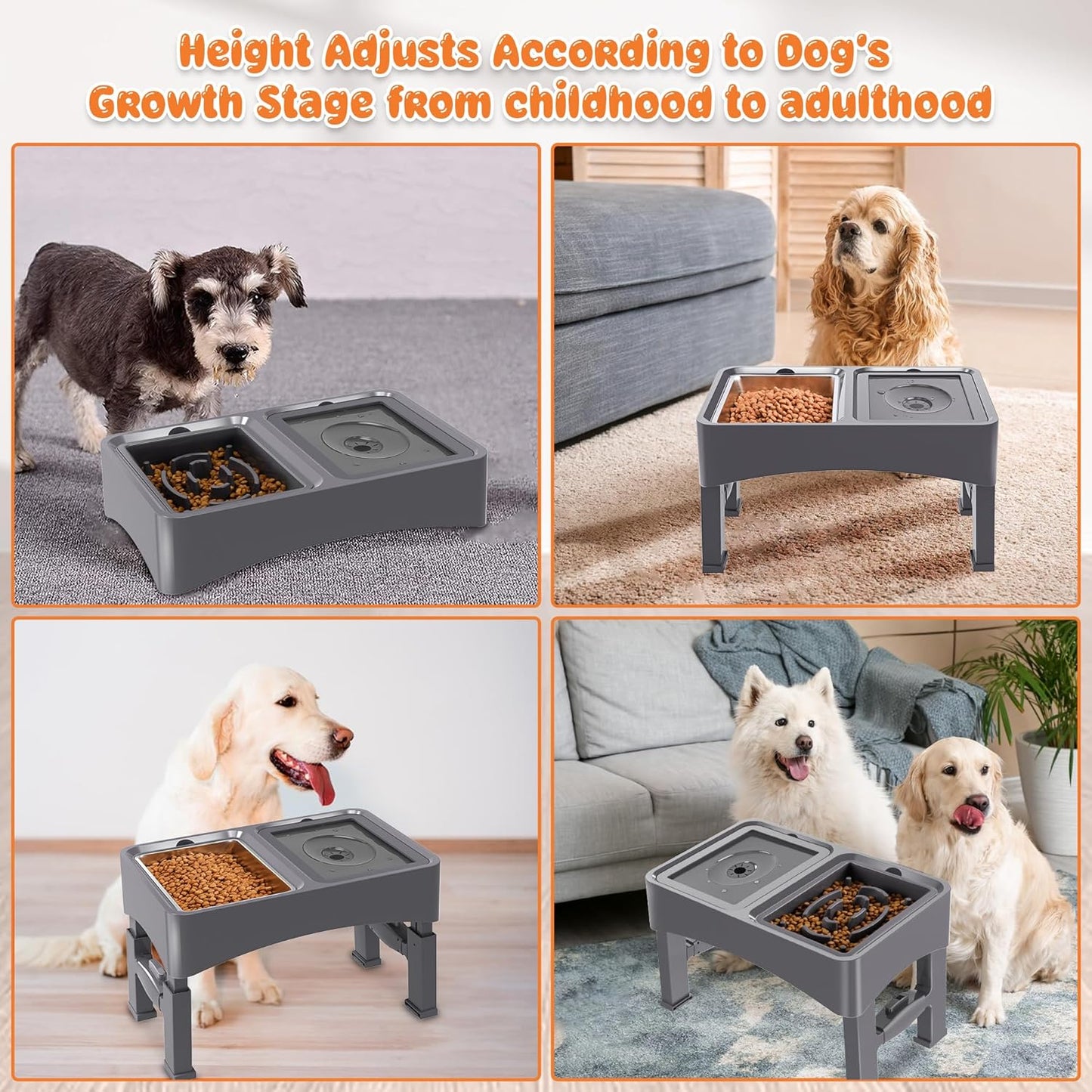 Decflow 3-in-1 Elevated Dog Bowls, 4 Height Adjustable Raised with Stainless Steel, Slow Feeder, No Spill Water Bowl, DIY Stickers Foldable Pet Bowl for Medium Large Dogs