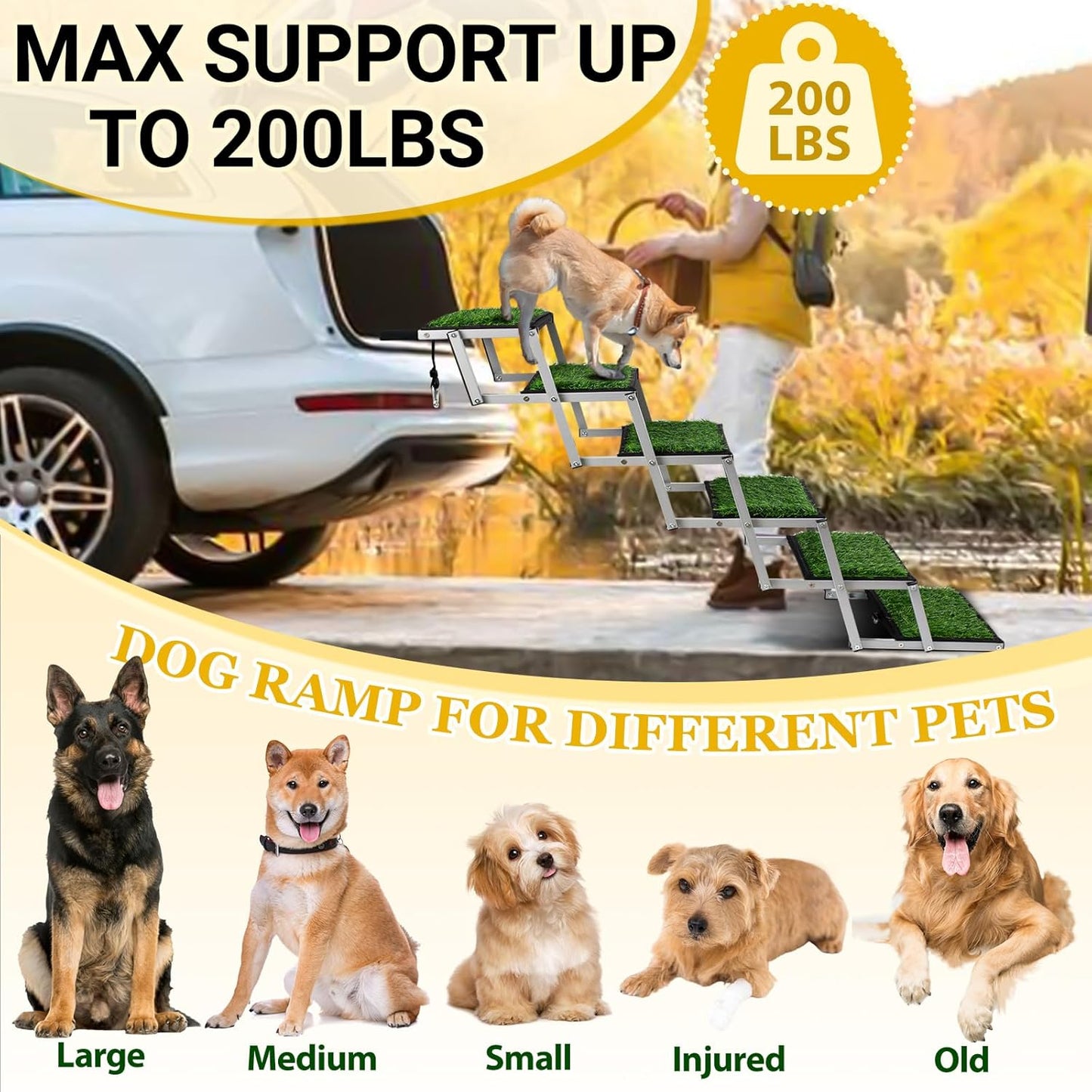 Niubya Dog Ramps for Cars, Portable Folding Dog Stairs for Cars, SUV, Trucks, Lightweight Pet Ramp for Large Dogs with Non-Slip Surface, Reinforced Pet Steps Supports Up to 200 lb, 6 Steps