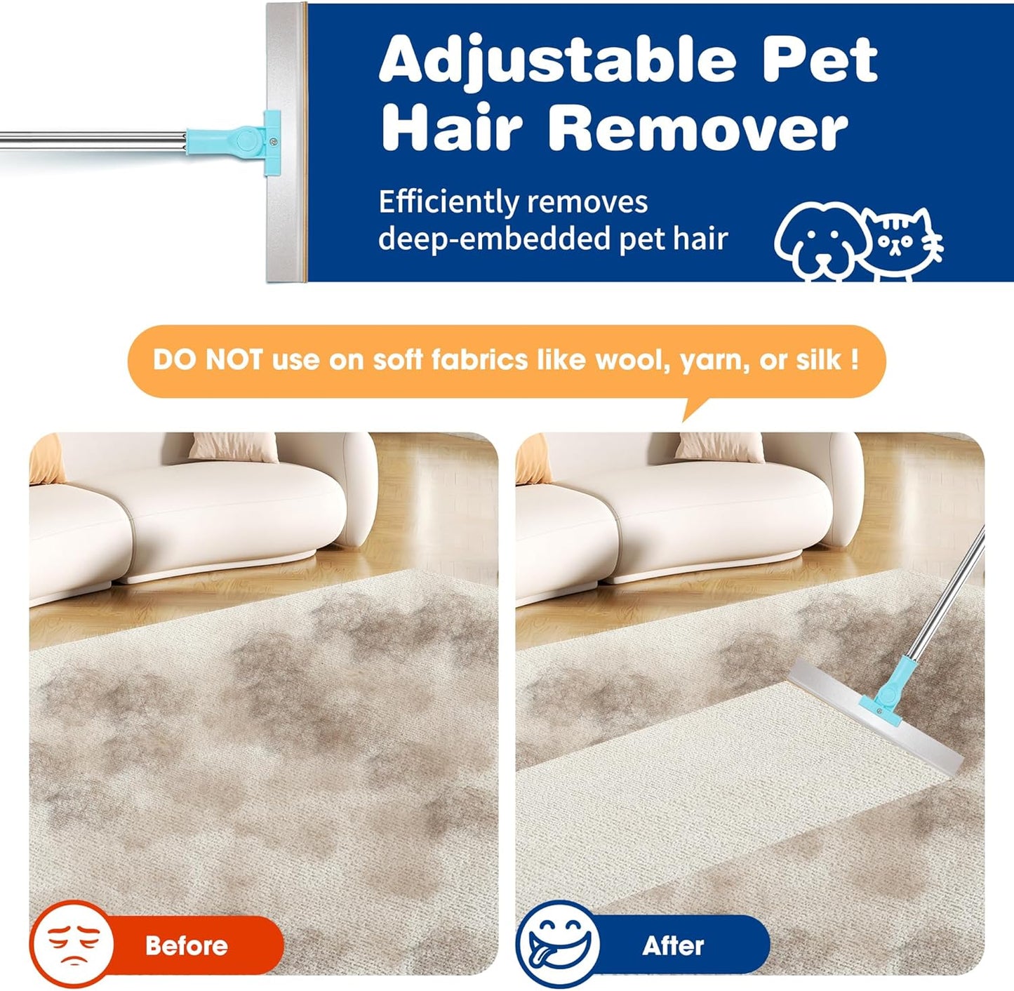 Carpet Rake for Pet Hair Removal - Reusable Pet Hair Remover, 54” Adjustable Long Handle Cat Dog Carpet Rake, Advanced Lint Remover Scraper for Carpets, Rugs, Mats, Couch