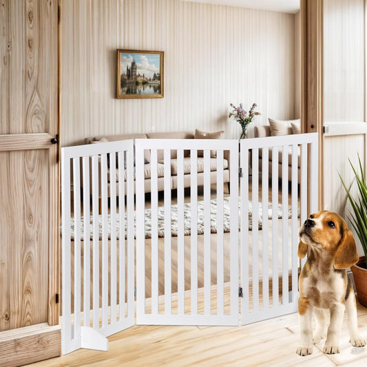 Nouva 36" H Pet Gate, 3 Panels Indoor Foldable Dog Fence, Dog Gate for Stairs Doorways, Hardwood Pet Gate, Freestanding Pet Fence, White