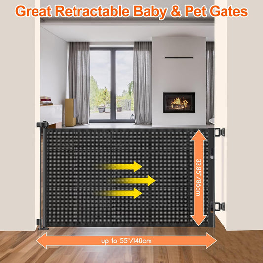Upgrade 120 inch Retractable Baby Gates, EZIGO Extra Wide Baby Gate for Large Opening Extra Long Mesh Gate for Kids or Pet Dog Gate Child Safety Gate for Stairs Hallways Doorway Indoor Outdoor, Gray