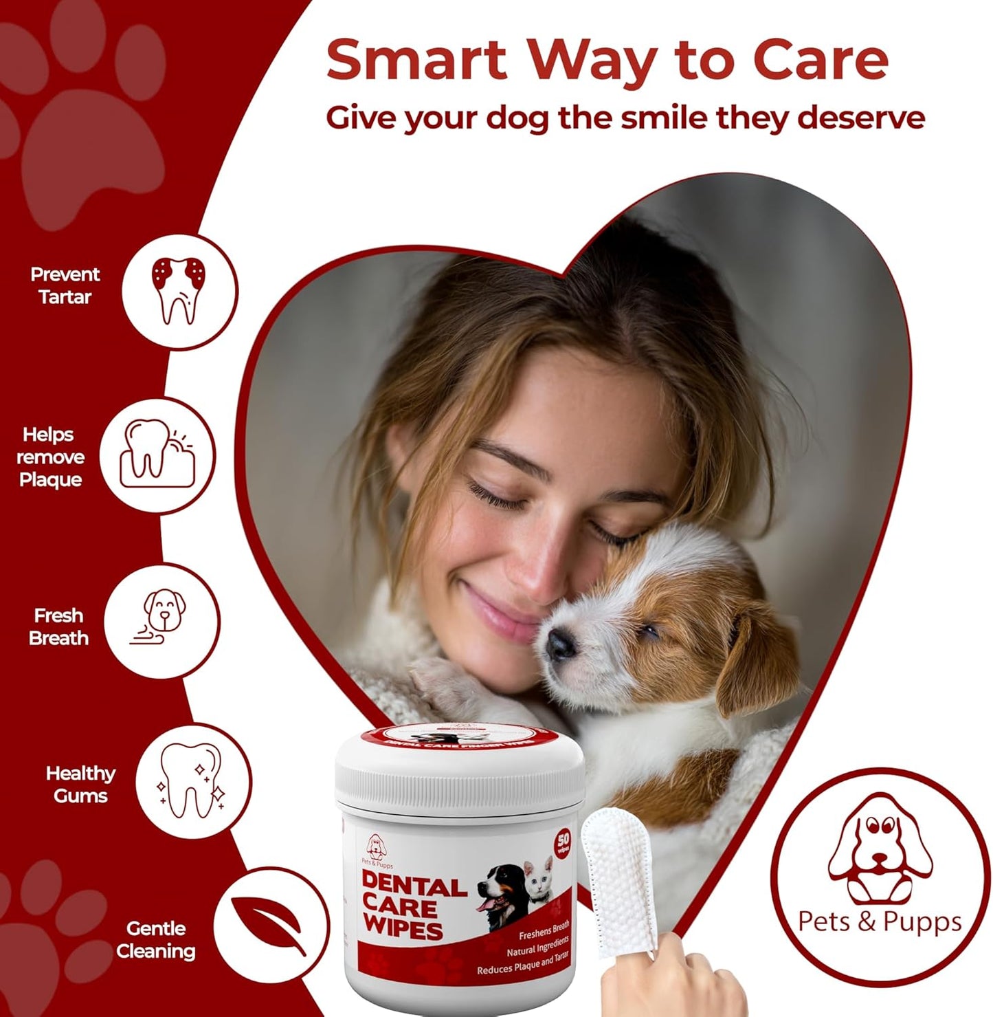 Pets & Pupps Dog Teeth Cleaning Wipes, Cats & Dogs Tooth Brushing Kit to Remove Plaque & Tartar Buildup, Dog Toothbrush and Toothpaste Alternative for Dog Breath Freshener & Dental Care - 50 Count