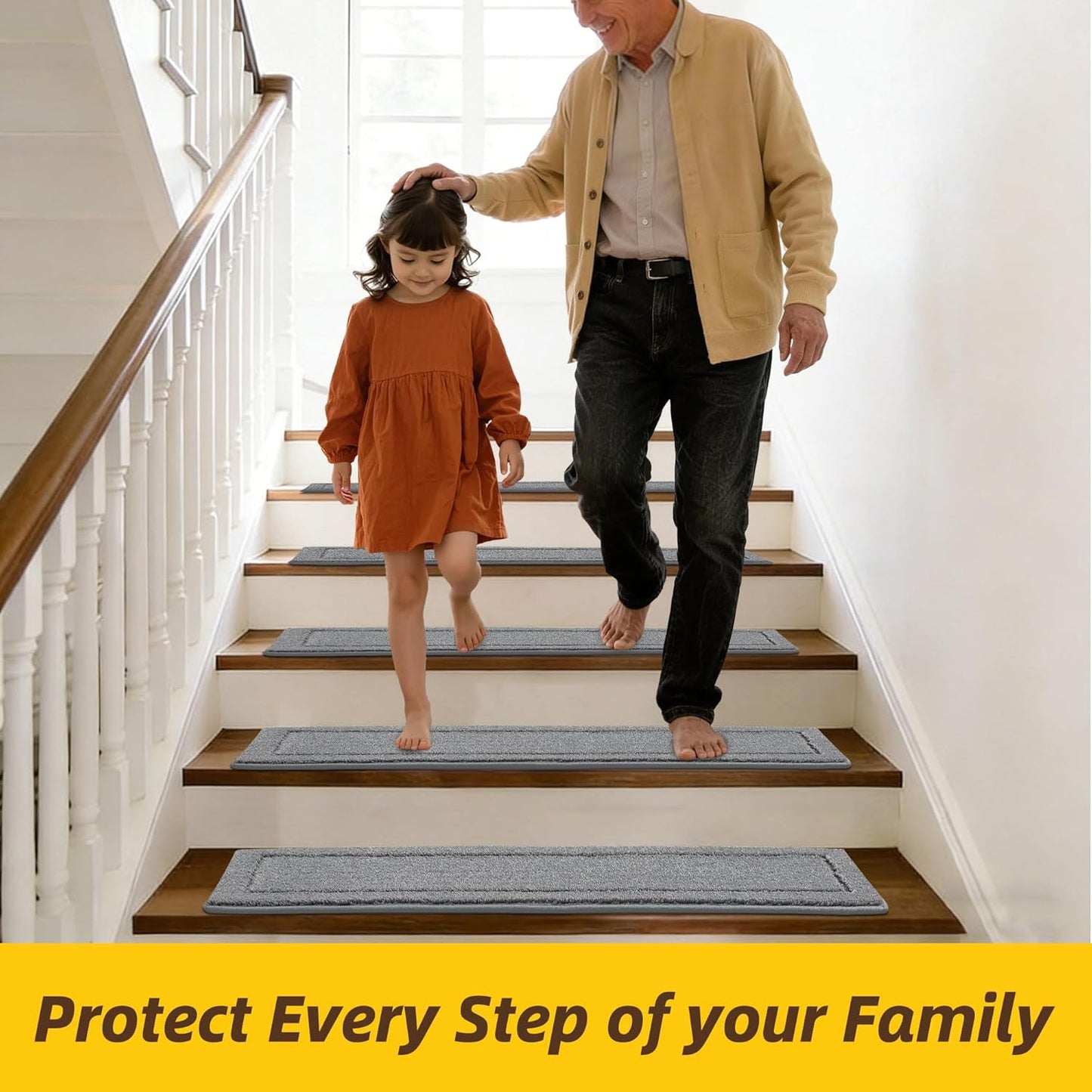 Non-Slip Stair Treads for Wooden Steps Indoor, 15 Pack 8" X 30" Edging Stair Rugs with TPE Backing, Carpet Stair Treads for Kids Elders & Pets, 100% Polyester Soft Stair Runners, Brown