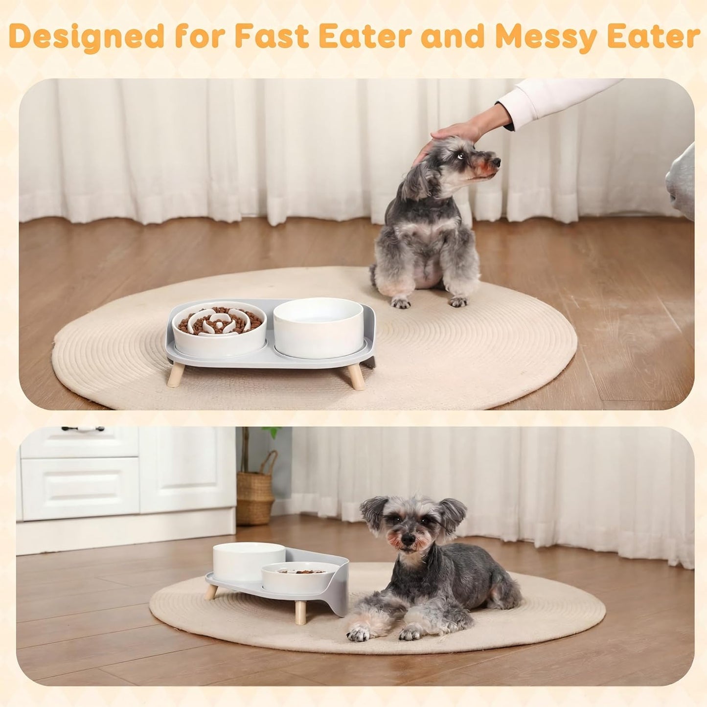 Elevated Slow Feeder Dog Bowls - Ceramic Food and Water Bowl Set with Stand - Raised Pet Dishes for Small and Medium Sized Dogs