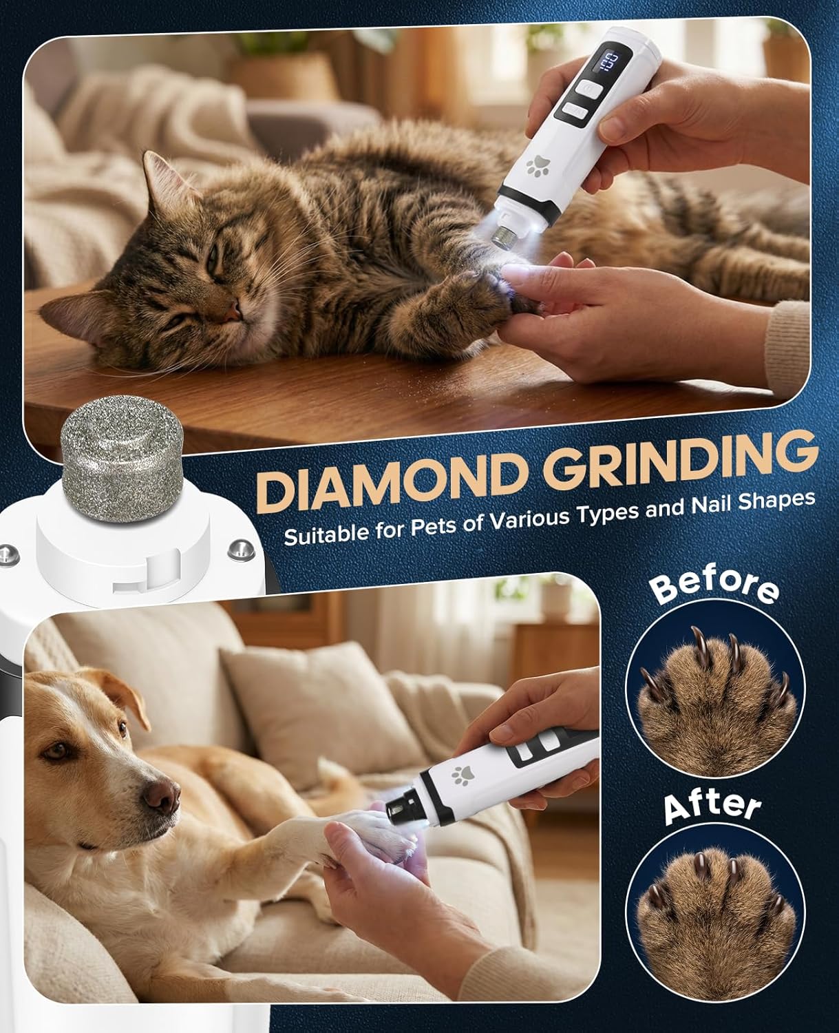 Dog Nail Grinder with 2 LED Lights, Upgraded 2-Speed Rechargeable Pet Nail Trimmer Quiet for Paw Grooming, Powerful Painless Nail Clipper Kit for Small, Medium, Large Dogs & Cats