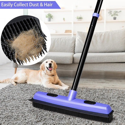Carpet Brush for Pet Hair Remover, Rubber Broom for Pet Hair on Carpet with Telescoping 60.2 Inches Long Handle for Cleaning Fur Rug, Hardwood Floor, Tile, Window