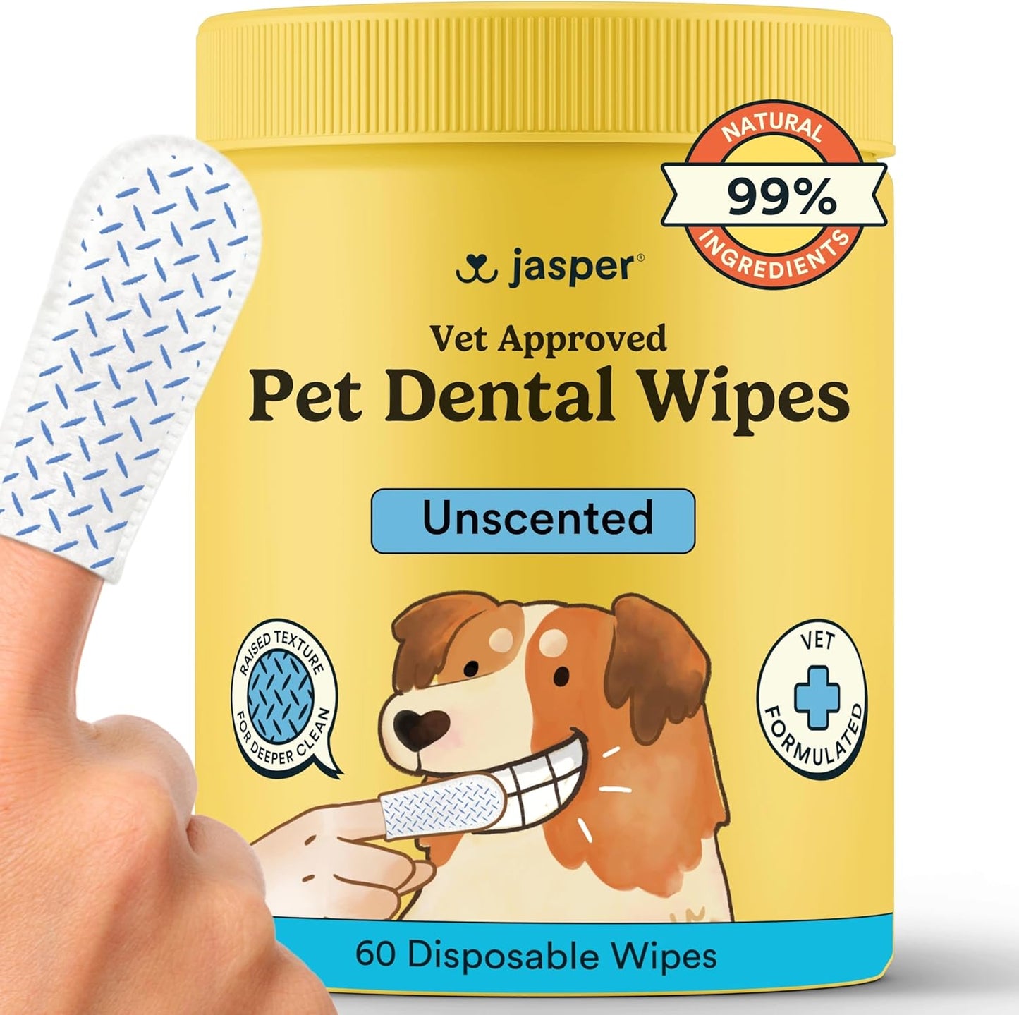 Jasper Dog Dental Wipes, Vet-Recommended Natural Cat & Dog Teeth Cleaning Wipes Dog Teeth Cleaner, Disposable Wipes Fresh Breath PlaqLift Technology Attacks Plaque and Buildup, Coconut, 60 Count