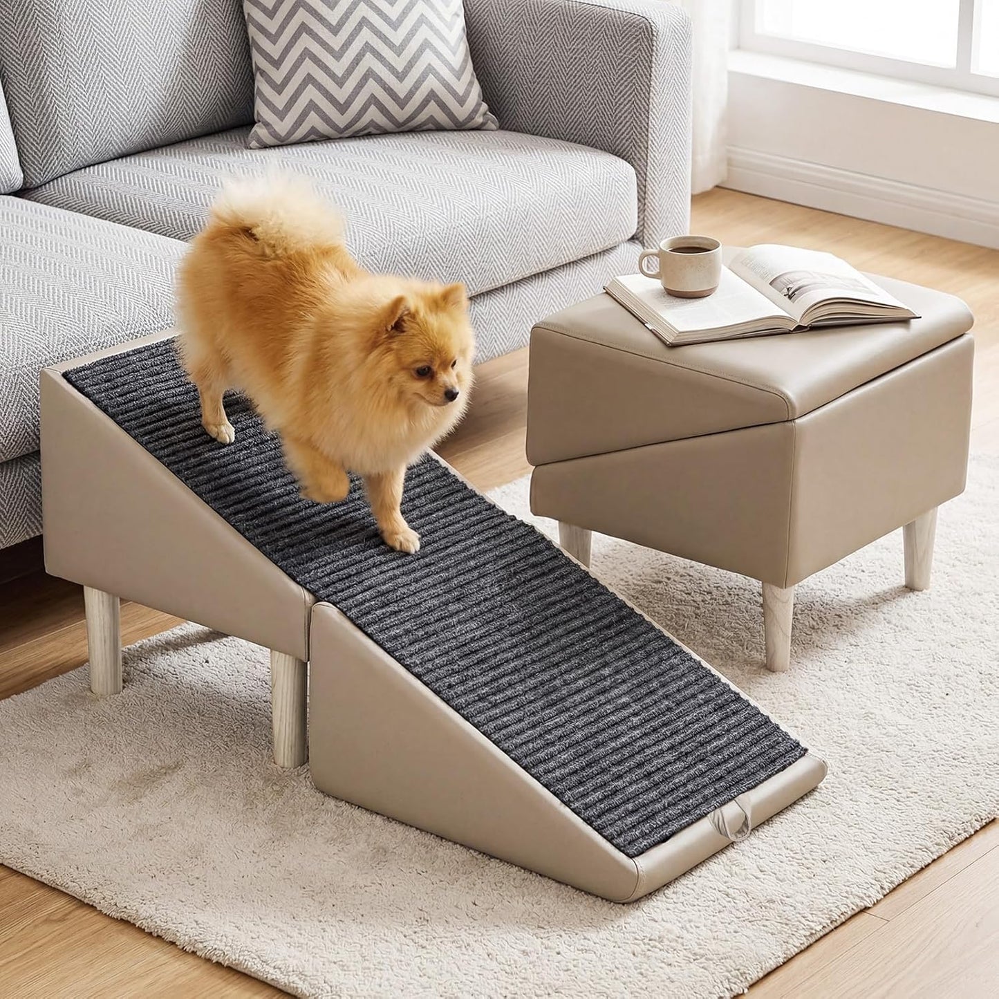 Dog Safety Ramps, Foldable 2-in-1 Wooden Pet Stairs & Steps & Ottoman, Solid Wood Anti-Slip & High-end Leather Material Pet Ramp, Split Ottoman Design, Pet Steps for Puppy Senior Injured Dogs