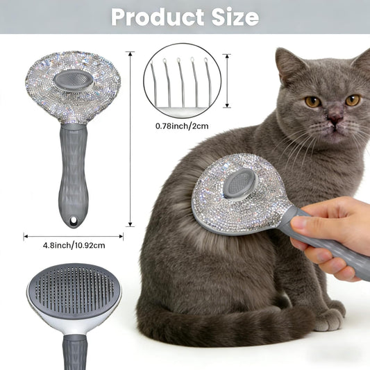 Diamond Rhinestone Cat Hair Brush Deshedding Brush Dog Hair Remover Tool Stainless Steel Comb Slicker Brush with Release Button for Dog Cat Rabbit Shedding Pets Grooming (Pink)