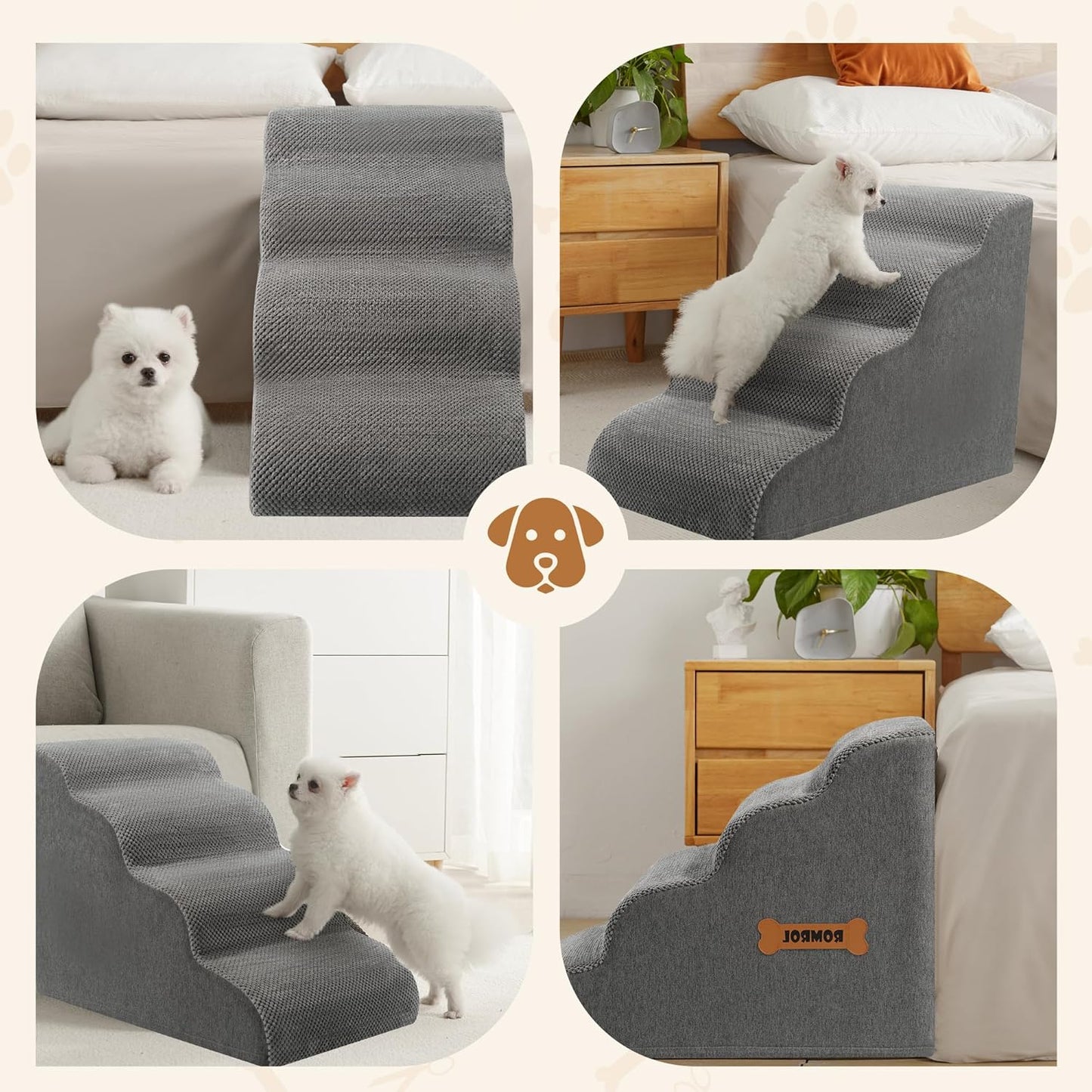 Dog Stairs, Romrol Dog Steps Ramp for High Bed and Couch, Dogs Ramp with Durable Non-Slip Waterproof Fabric Cover, Pet Stairs for Small Dogs and Cats or Pets Joints, 4-Tiers,Grey