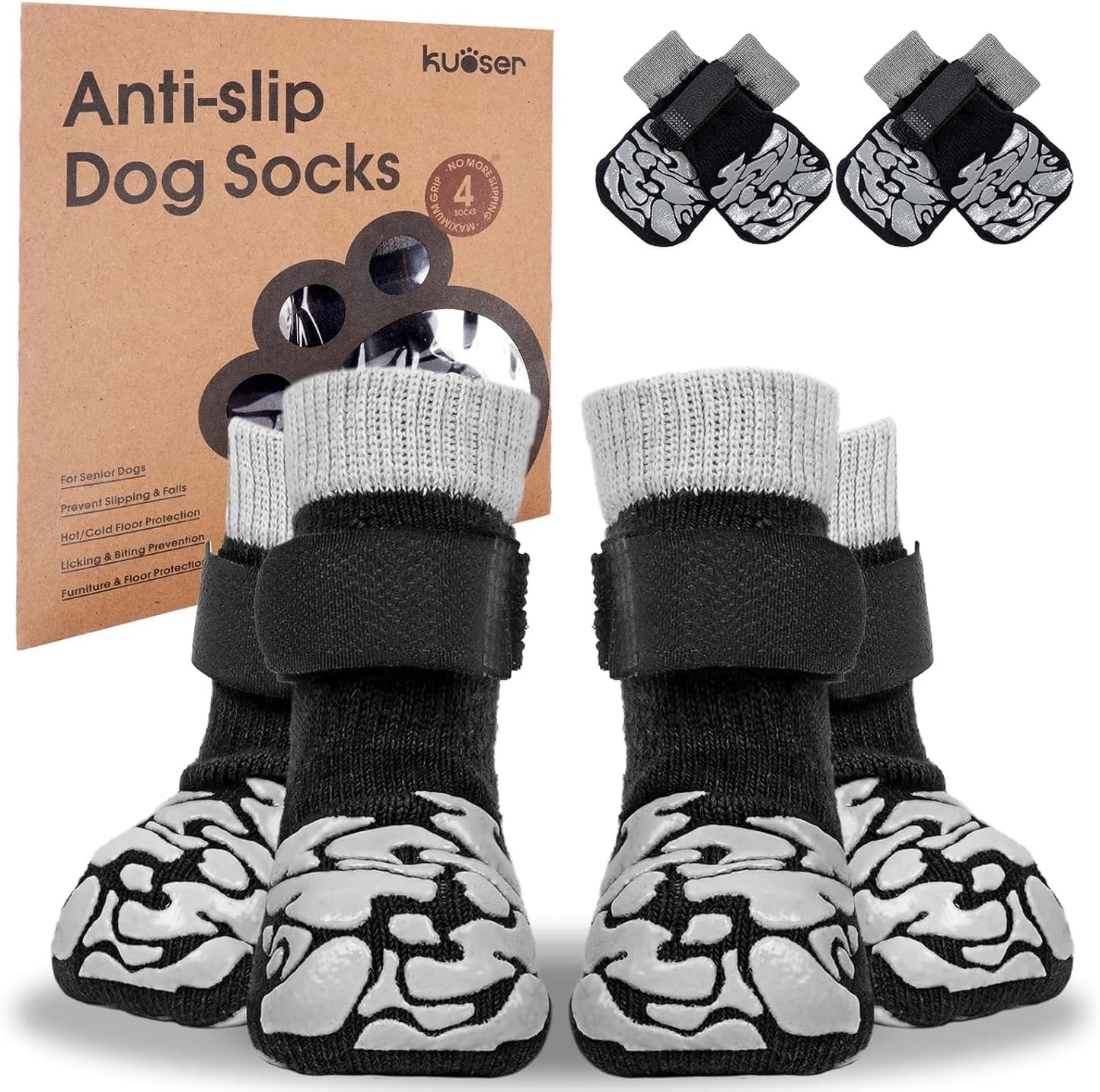 Kuoser Non-Slip Dog Socks, 2 Pairs Socks to Prevent Licking Paws, Paw Protectors for Hot Pavement, Hardwood Floors, Traction Control for Small, Medium, Large Dogs
