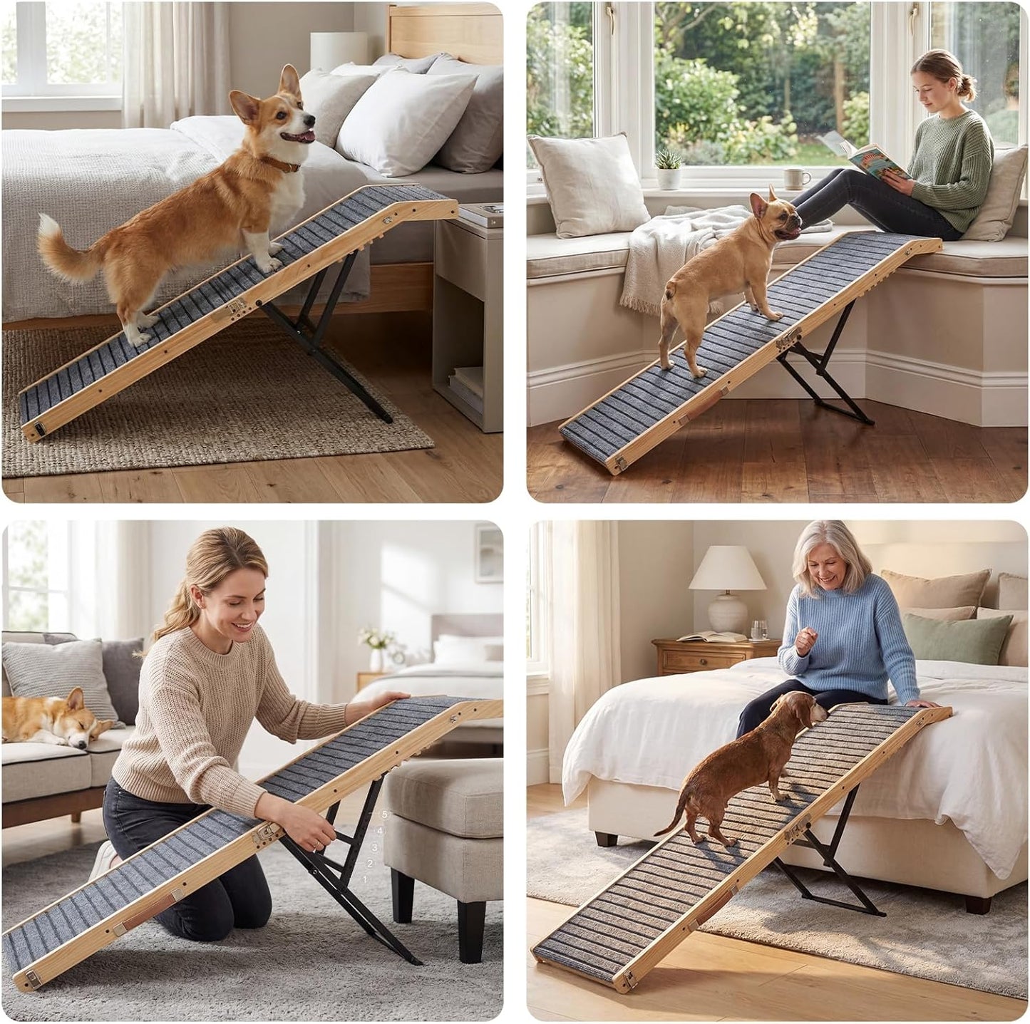 Veehoo Folding Dog Ramp for Bed Couch, 65" Long Stairs for Dogs to Get on High Bed with Platform and 5 Adjustable Height 20" to 31“, Wooden Senior Dog Ramp Steps for Small to Large Dogs, up to 220lbs
